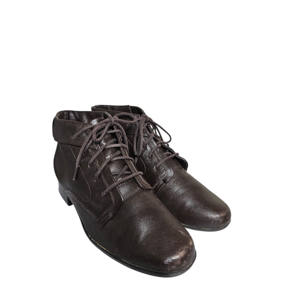 Vintage 90s Cuffed Brown Leather Tie Up Ankle Booties Size 7